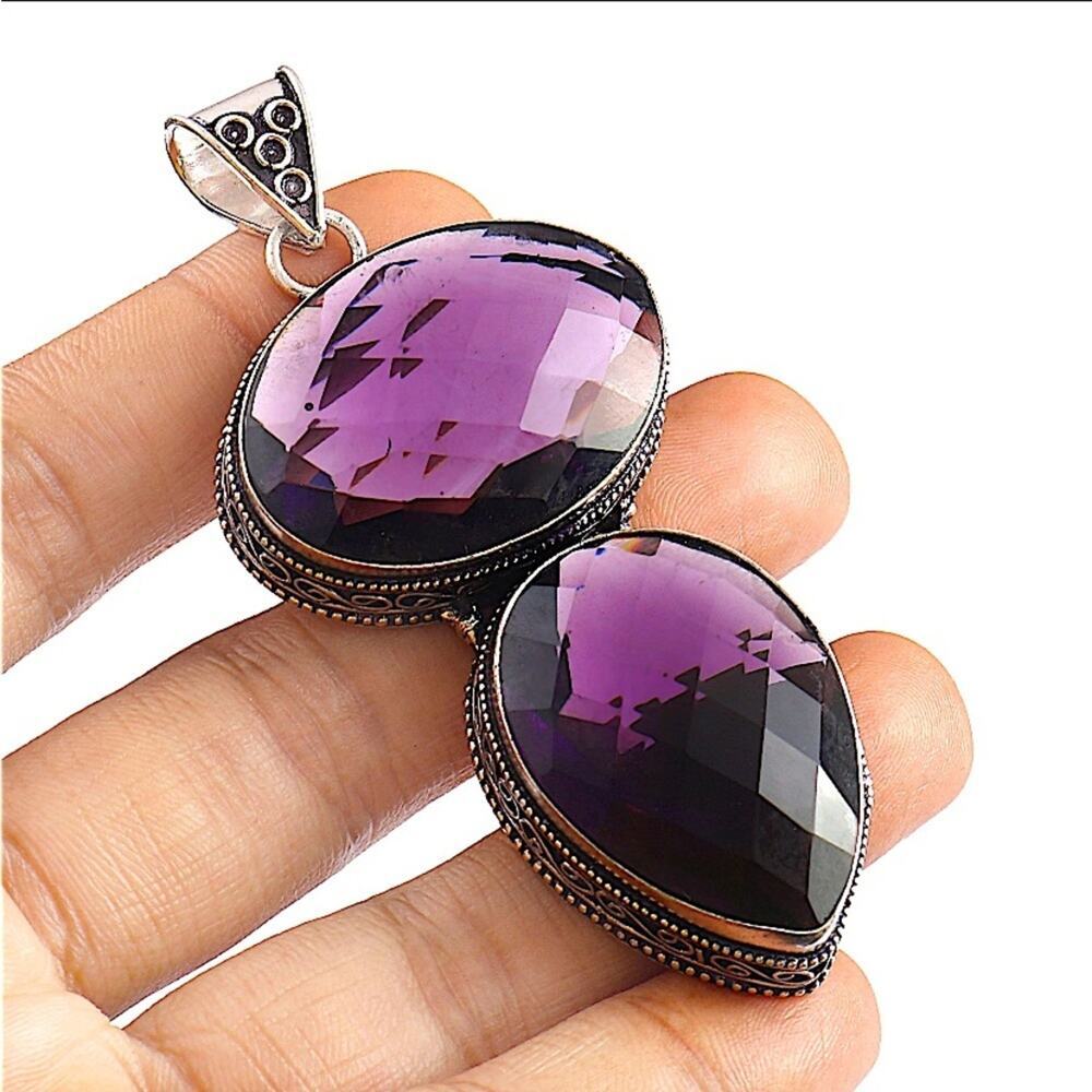 Antique Amethyst Pendant Necklace, Sterling Silver, Charm Gemstone, State…